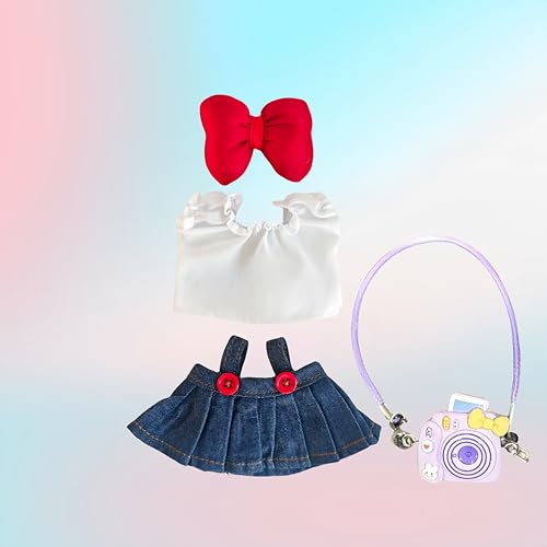 Doll Clothes Outfits: 4-Pieces 17cm Doll Clothing Set Accessories, Classic Denim Skirt, White Shirt, Red Bow, Blue Denim